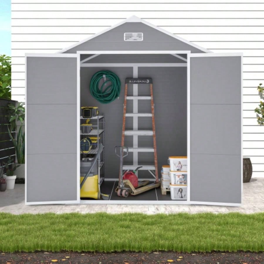 6x6 FT Storage Shed, Waterproof Resin Outdoor Storage Shed with Floor Window Lockable Doors and Vents, Shed Bike, Garden, Backyard, Lawn, All Weather Use, Light