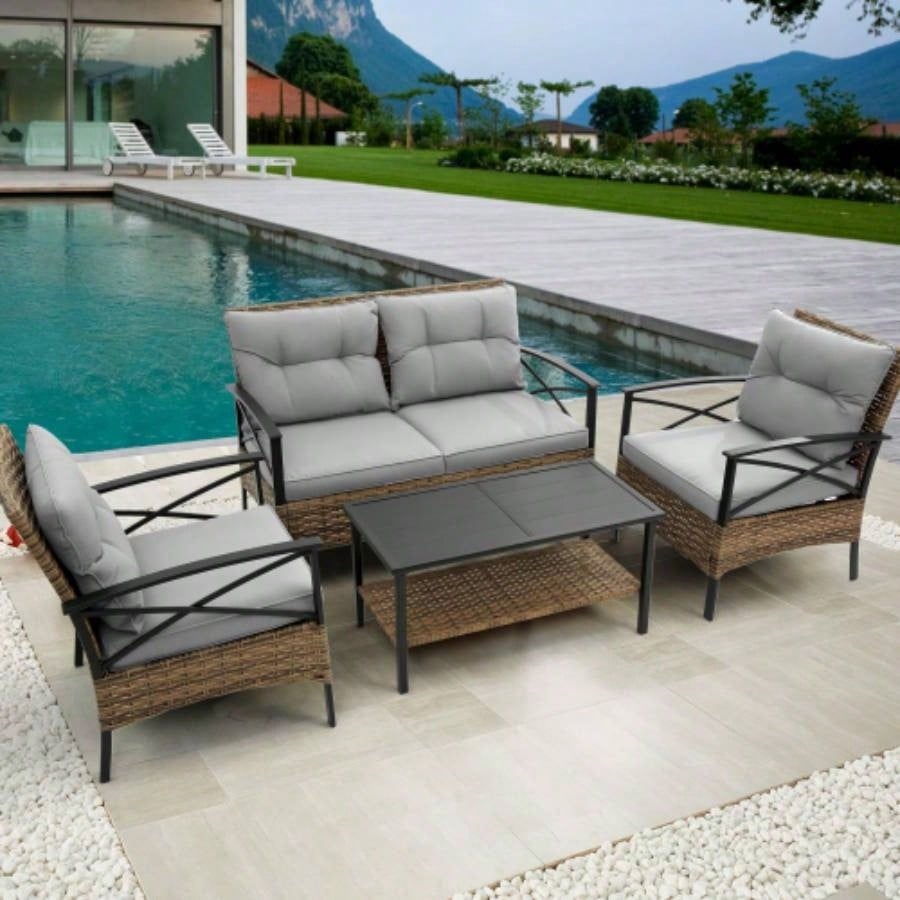 Patio 4 piece sectional low dining conversation sofa set - KD rattan wicker outdoor garden furniture corner sofa set with cushion.