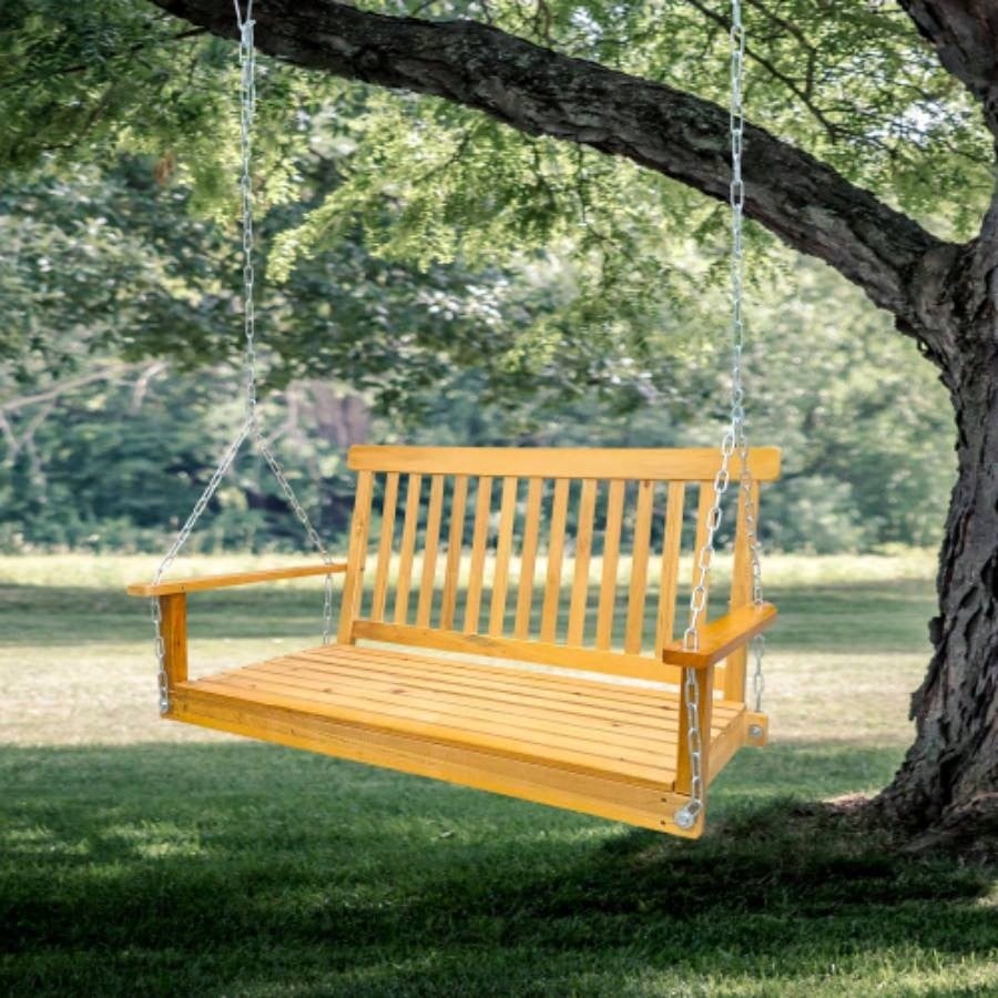 Front Porch Swing with Armrests, Wood Swing with Hanging Chains, Outdoor Patio, Garden Yard, porch, backyard, or sunroom, Easy to Assemble, white