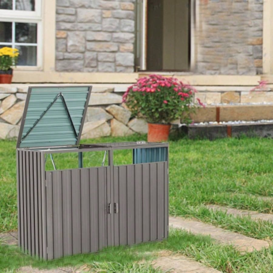 Garbage Bin Shed Stores 3 Trash Cans Metal Outdoor Bin Shed Garbage Storage, Stainless Galvanized Steel, Bin Shed Garden Yard Lawn,
