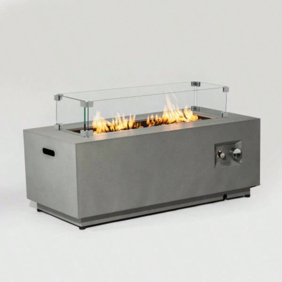 42 Propane Gas Fire Pit Table 2 - Pieces, 50000 BTU Rectangular Steel Fire Pit with Glass Wind Guard Outside Patio Deck Garden Courtyard - Gray