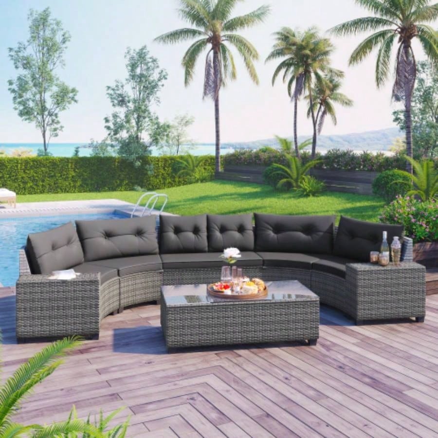 GO 8 - pieces Outdoor Wicker Round Sofa Set, Half - Moon Sectional Sets All Weather, Curved Sofa Set With Rectangular Coffee Table, PE Rattan - resistant and Protected, Movable Cushion, Beige