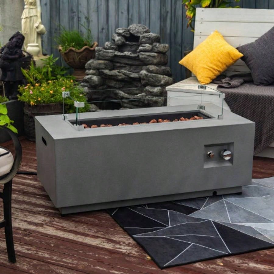 42 Propane Gas Fire Pit Table 2 - Pieces, 50000 BTU Rectangular Steel Fire Pit with Glass Wind Guard Outside Patio Deck Garden Courtyard - Gray