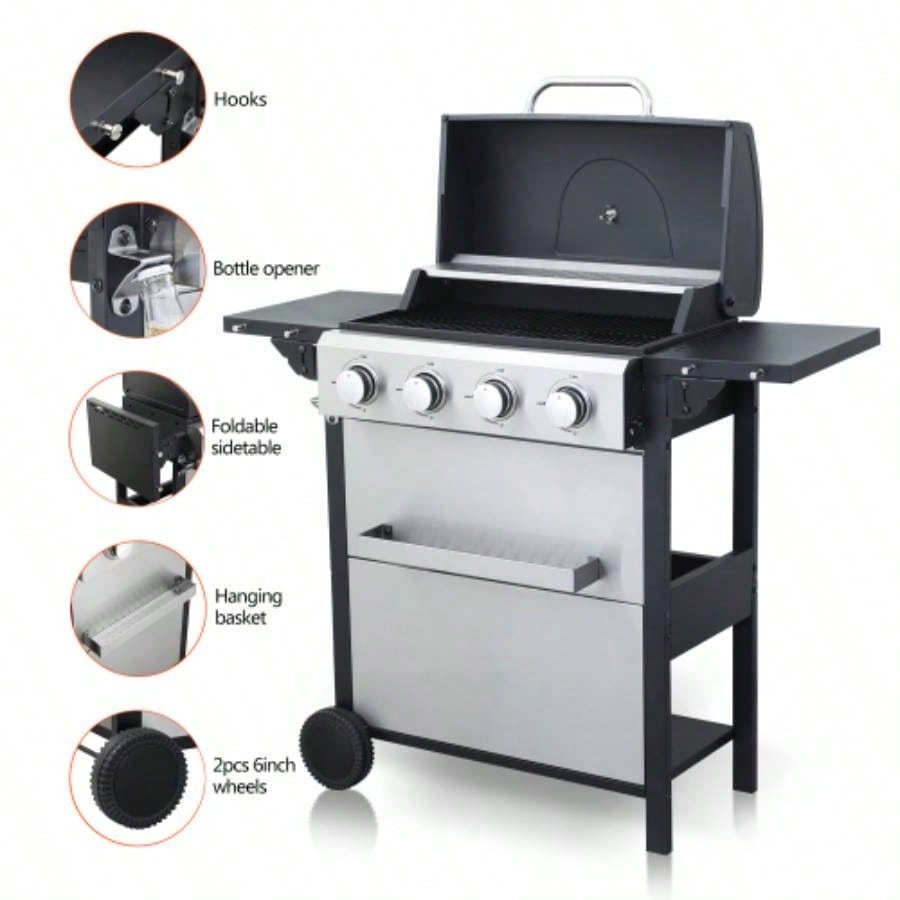 4 - Propane Gas BBQ Grill, 34200BTU Output With Wire Enamel Cooking Grids Outdoor Barbecue, Foldable Side Table, Hanging Basket, Stainless Steel