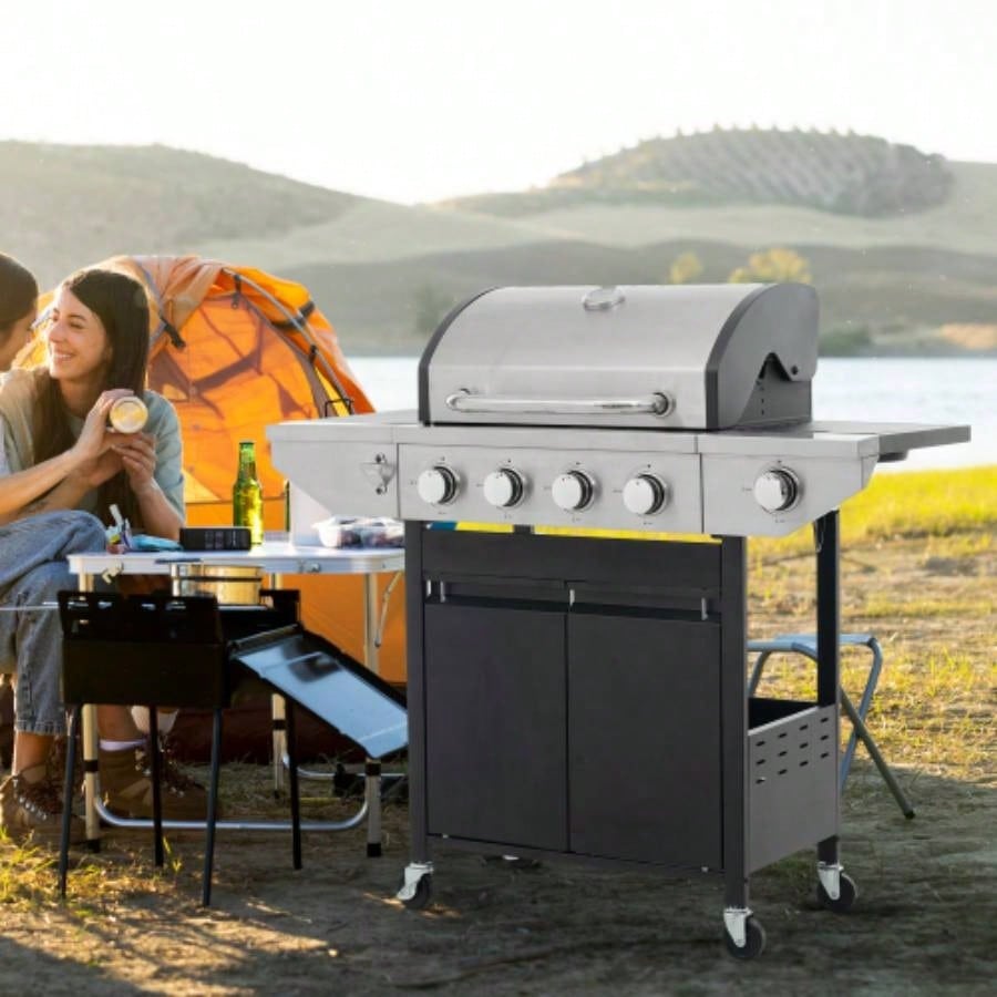 Propane Grill 4 Barbecue Grill Stainless Steel Gas Grill with Side, 46, 500 BTU Outdoor Cooking, Patio, Garden Barbecue Grill, Black and Silver