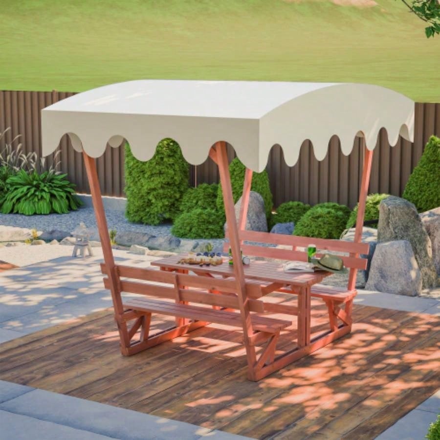 6 - Person Circular Outdoor Wooden Picnic Table Patio, Backyard, Garden,/ 3 Built - in Benches, 1720lb Capacity - Natural