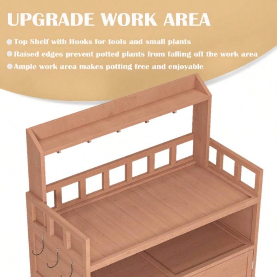 Potting Outdoor Gardening Table Outside Wood Garden Planting Workstation Work Benches with Large Storage Cabinet Top Shelf Patio