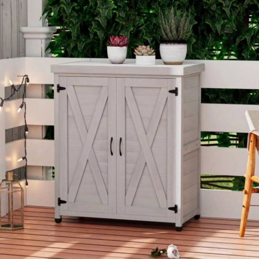 Potting with Storage Cabinet and Metal Table Top Outdoor Patio, Outdoor Work Station Table