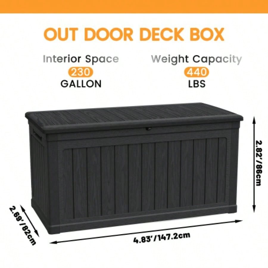 230 Gallon Large Outdoor Storage XXL Deck Box Patio Furniture, Outdoor Cushions, Garden Tools and Sports/Pools Equipment, Waterproof Resin, Lockable, Black