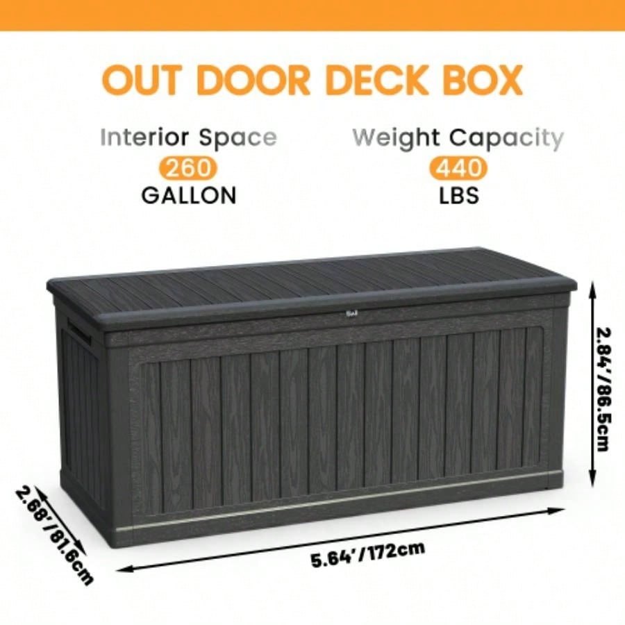 260 Gallon Metal Outdoor Deck Box Waterproof, Black