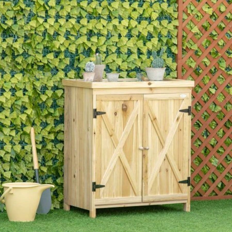 Outsunny Garden Storage Cabinet, Outdoor Shed with Galvanized Top and Two Shelves Yard Tools or Pool Accessories, Natural