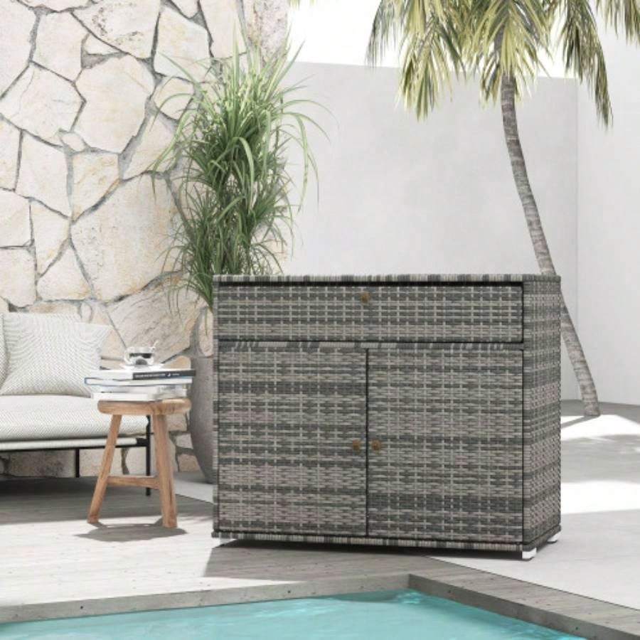 Outsunny Outdoor Towel Rack Pool Toy Cabinet, Hot Tub Accessory Storage, Freestanding PE Rattan Wicker Cabinet with Drawer Indoor, Outdoor Swimming Pool, Spa, Gray
