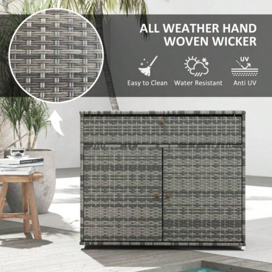 Outsunny Outdoor Towel Rack Pool Toy Cabinet, Hot Tub Accessory Storage, Freestanding PE Rattan Wicker Cabinet with Drawer Indoor, Outdoor Swimming Pool, Spa, Gray