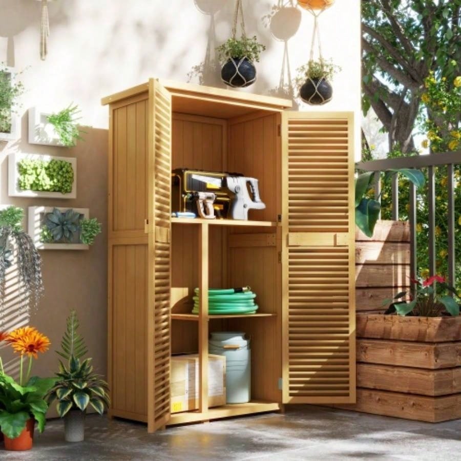 Outsunny 5x 3 Wooden Outdoor Storage Cabinet, Garden Sheds Outdoor Storage with Asphalt Roof 2 Large Wood Doors with Lock, Yellow