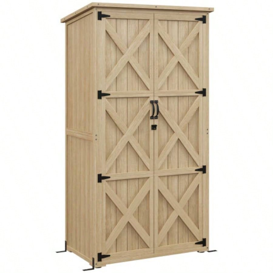 Outsunny Wooden Garden Shed, Outdoor Storage Cabinet with Waterproof Asphalt Roof, Narrow Shed with Shelves and Lockable Doors, Natural
