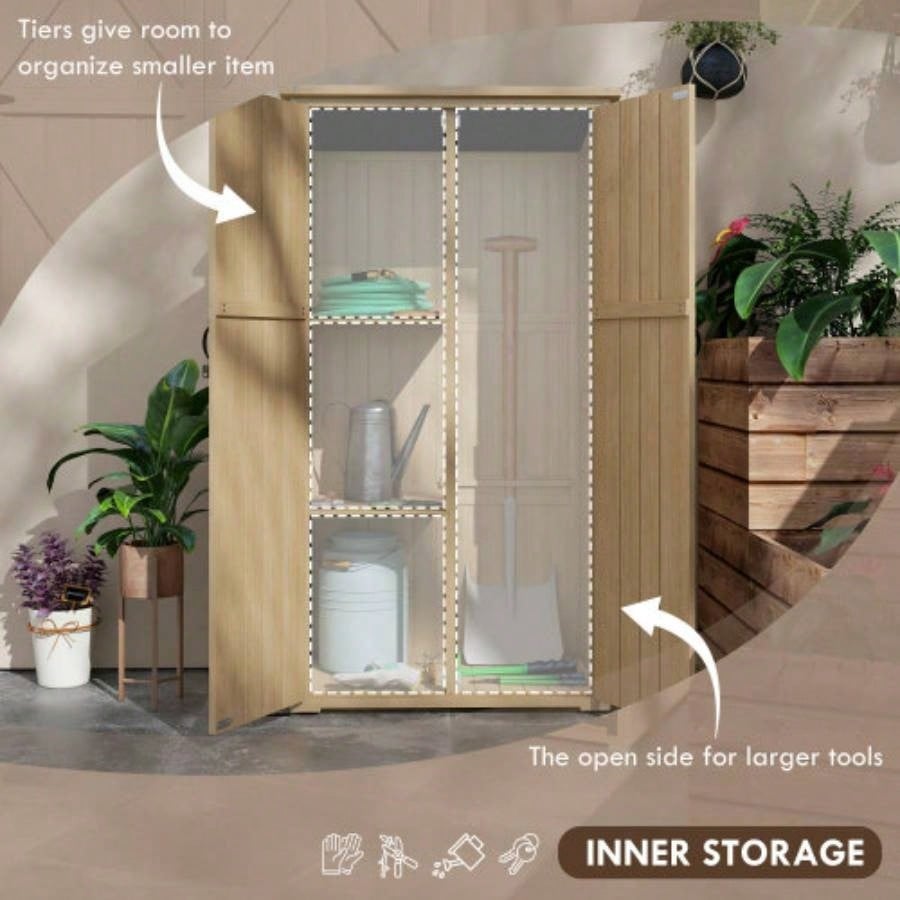 Outsunny Wooden Garden Shed, Outdoor Storage Cabinet with Waterproof Asphalt Roof, Narrow Shed with Shelves and Lockable Doors, Natural