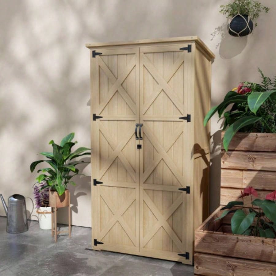 Outsunny Wooden Garden Shed, Outdoor Storage Cabinet with Waterproof Asphalt Roof, Narrow Shed with Shelves and Lockable Doors, Natural