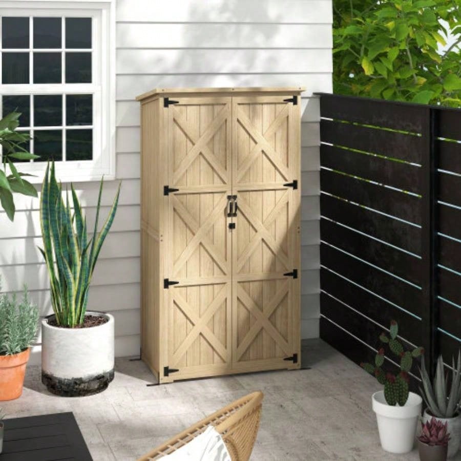 Outsunny Wooden Garden Shed, Outdoor Storage Cabinet with Waterproof Asphalt Roof, Narrow Shed with Shelves and Lockable Doors, Natural