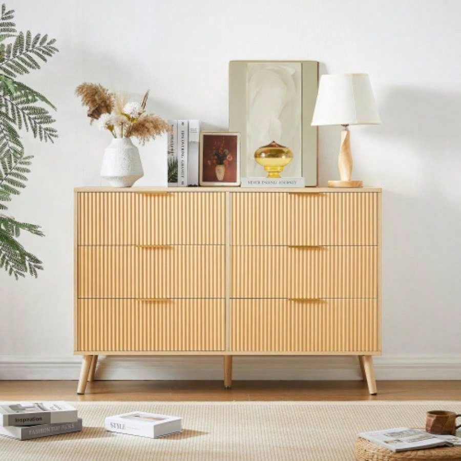 Bedroom dresser, 6 Double Dresser with rattan drawers, wood chest of drawers kids room, living room, entry and hallway, Natural, 47.2x 15.8 Dx 30 H.