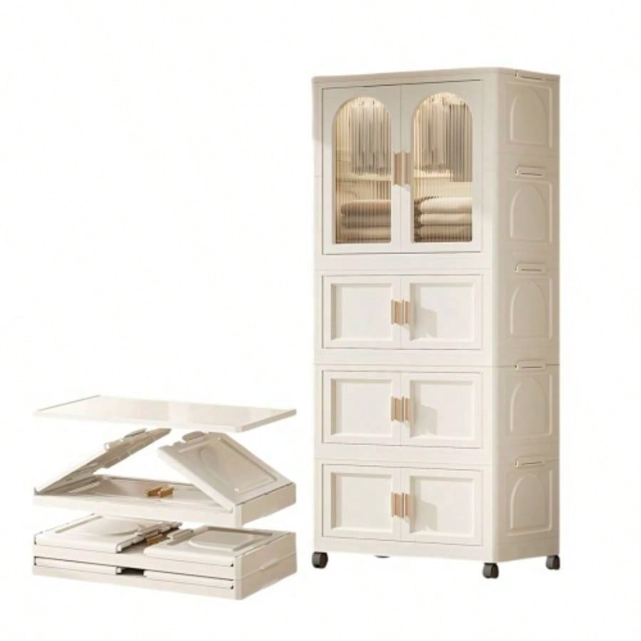25.59 Side Wide Folding Wardrobe, 25.5915.7557.09, with Magnetic Door, Plastic Storage Cabinet with Wheels one layer of wardrobe+ two layers of folding boxes+10 hangers