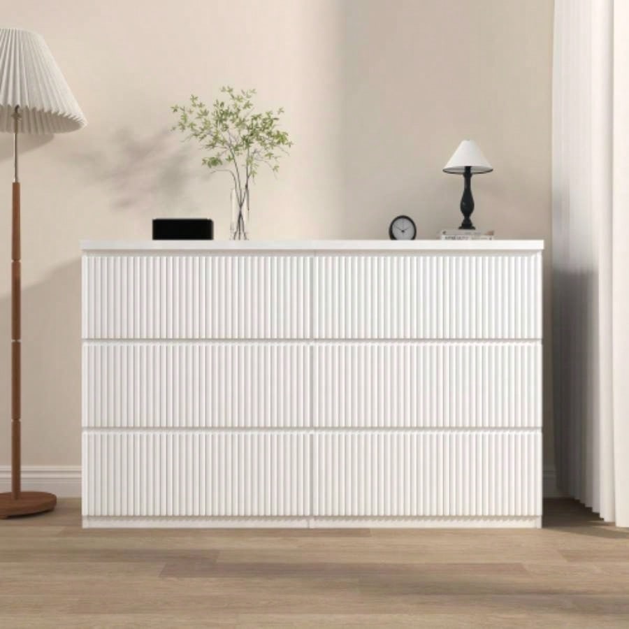 6 Drawer Storage Cabinet, Dresser, Wood Storage Tower Clothes Organizer with Wavy drawer panel, Wide Chest of 6 Drawers, Large Storage Space Bedroom, Hallway, Entryway Living Room White