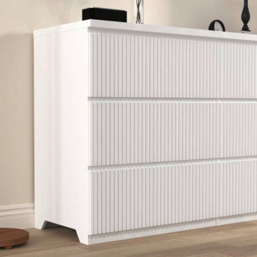 6 Drawer Storage Cabinet, Dresser, Wood Storage Tower Clothes Organizer with Wavy drawer panel, Wide Chest of 6 Drawers, Large Storage Space Bedroom, Hallway, Entryway Living Room White