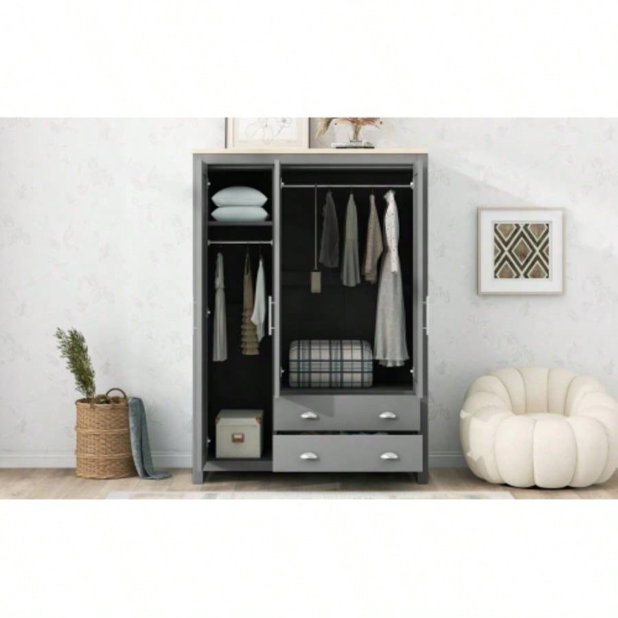 Three Door Storage Wardrobe with Cabinets and Two Hanging Rods, Gray