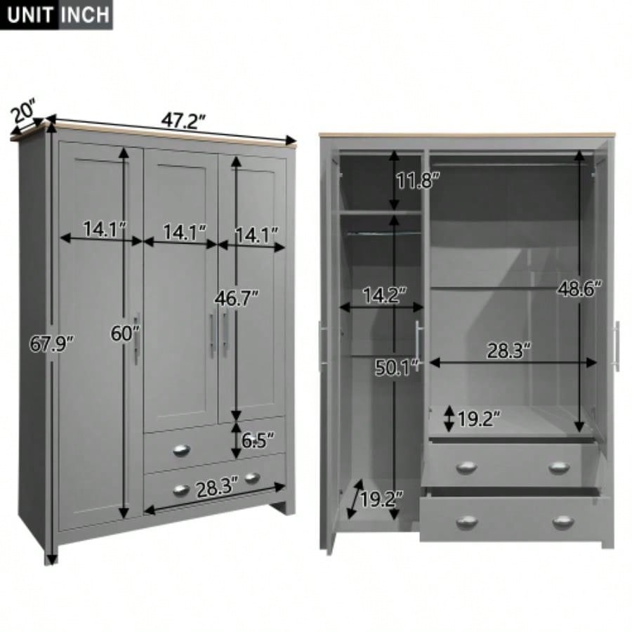 Three Door Storage Wardrobe with Cabinets and Two Hanging Rods, Gray