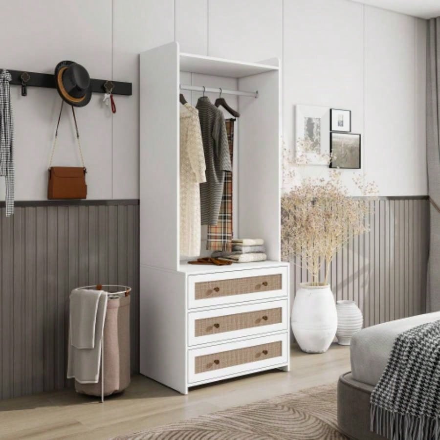 Wardrobe with 3 Drawers High Wardrobe Armoire With Rattan Living Room, Bedroom Organizer