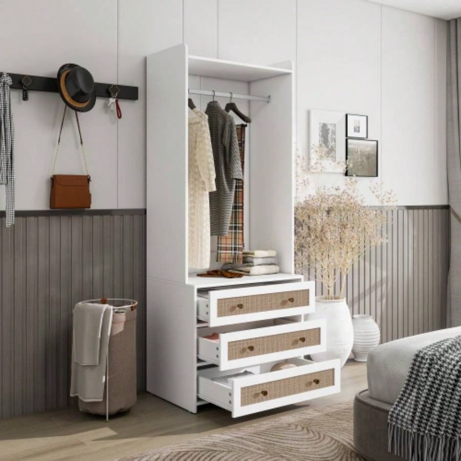 Wardrobe with 3 Drawers High Wardrobe Armoire With Rattan Living Room, Bedroom Organizer