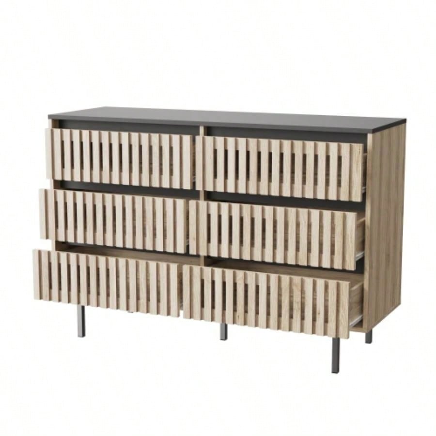 Fluted, Bedroom Storage Cabinet, Six drawer storage, Large Capacity, Modern Minimalist Drawer Cabinet, Two - tone Design