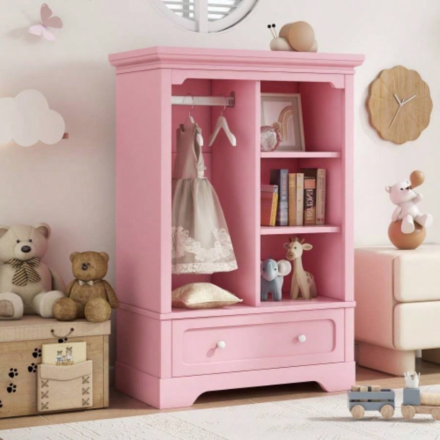 Open childrens wardrobe with a hanging rod and open shelves, one large drawer, low design close to ground easy access, Pink.