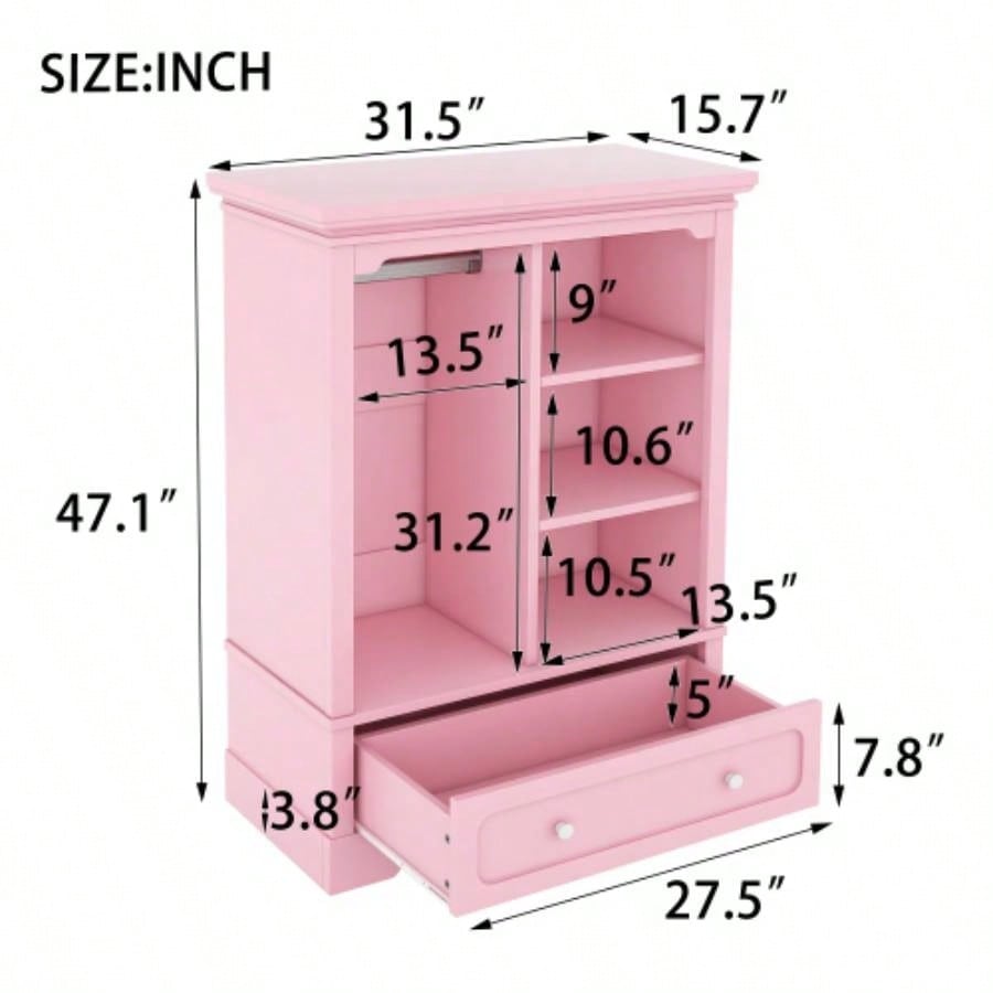 Open childrens wardrobe with a hanging rod and open shelves, one large drawer, low design close to ground easy access, Pink.