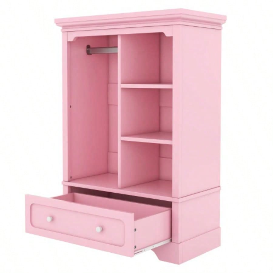 Open childrens wardrobe with a hanging rod and open shelves, one large drawer, low design close to ground easy access, Pink.