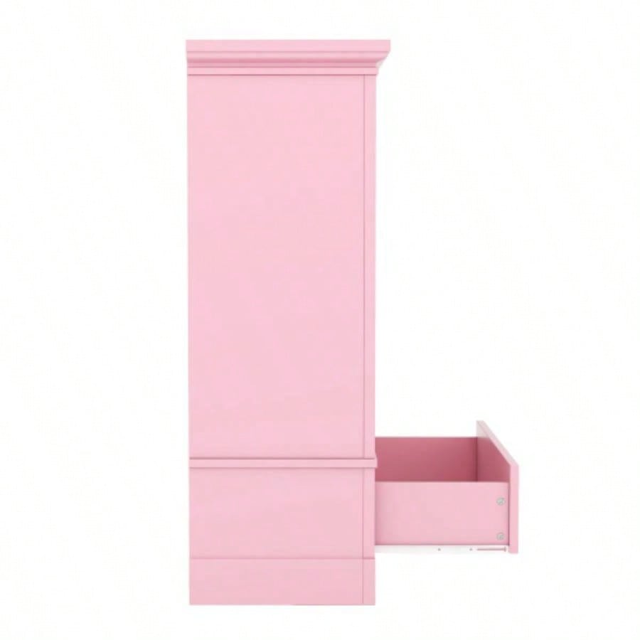 Open childrens wardrobe with a hanging rod and open shelves, one large drawer, low design close to ground easy access, Pink.