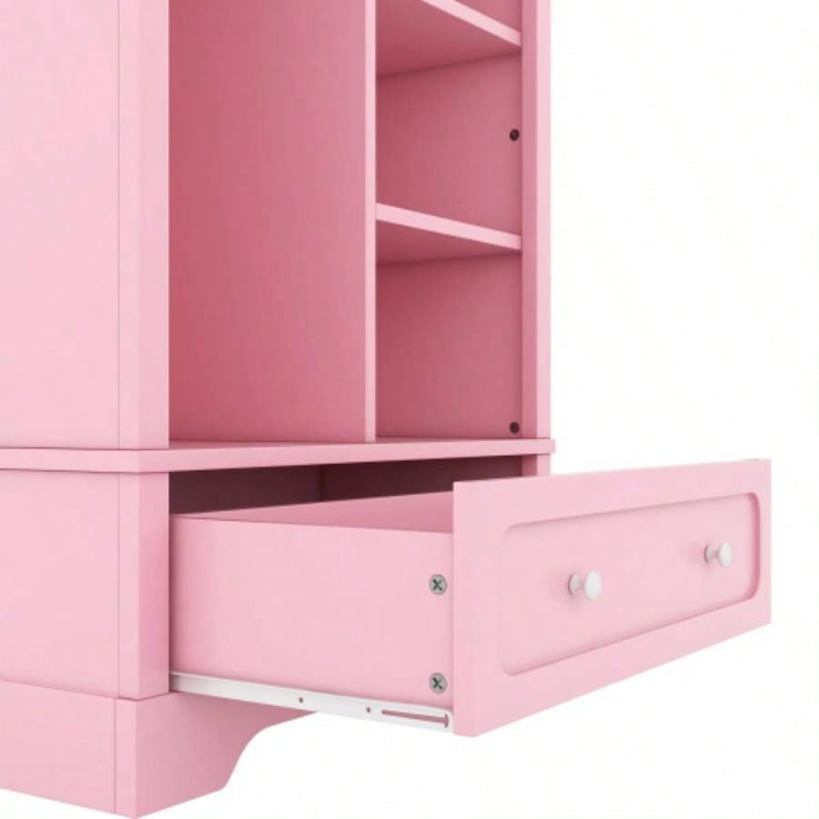 Open childrens wardrobe with a hanging rod and open shelves, one large drawer, low design close to ground easy access, Pink.