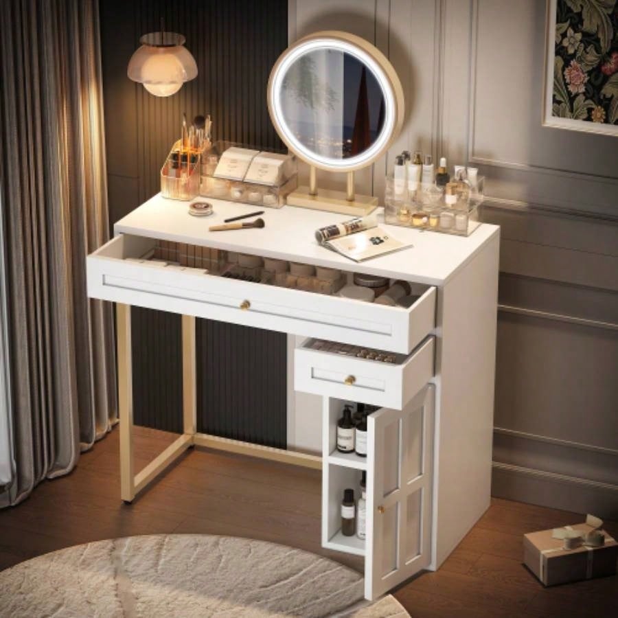 31.5 Makeup Vanity Desk with Lighted Mirror, Luxury Dressing Table with 2 Drawers and 1 Cabinet, 3 Lighting Modes Available Bedroom, White - Gold