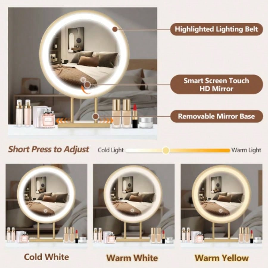 31.5 Makeup Vanity Desk with Lighted Mirror, Luxury Dressing Table with 2 Drawers and 1 Cabinet, 3 Lighting Modes Available Bedroom, White - Gold