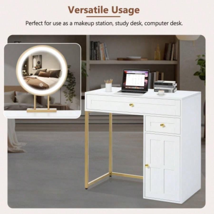31.5 Makeup Vanity Desk with Lighted Mirror, Luxury Dressing Table with 2 Drawers and 1 Cabinet, 3 Lighting Modes Available Bedroom, White - Gold