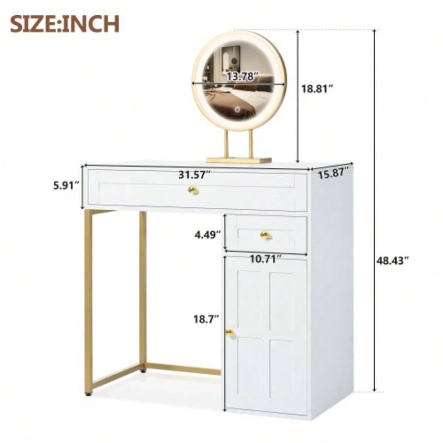 31.5 Makeup Vanity Desk with Lighted Mirror, Luxury Dressing Table with 2 Drawers and 1 Cabinet, 3 Lighting Modes Available Bedroom, White - Gold