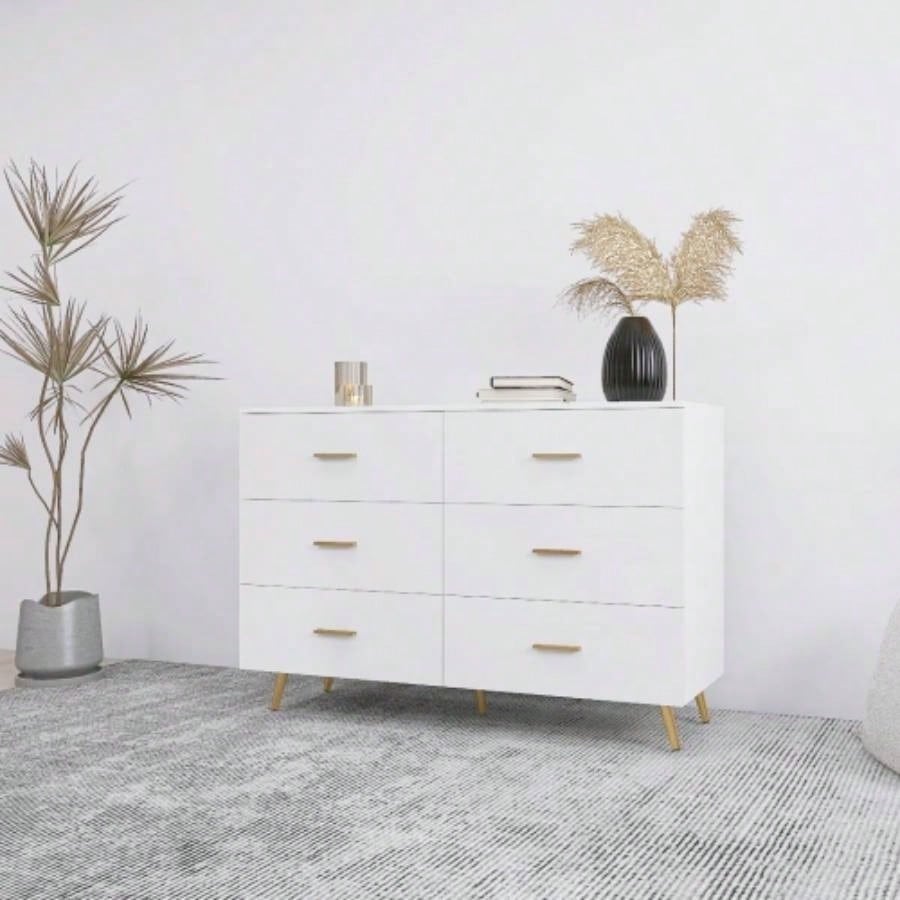 High Glossy Surface 6 Drawers Chest of Drawer with Golden Handle and Golden Steel White Color Vanity