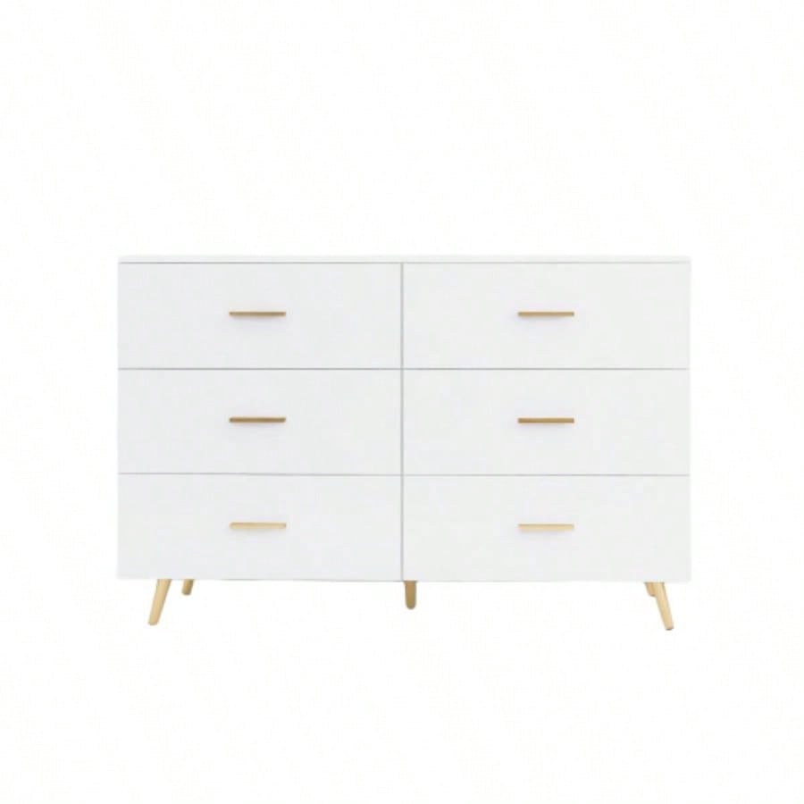 High Glossy Surface 6 Drawers Chest of Drawer with Golden Handle and Golden Steel White Color Vanity