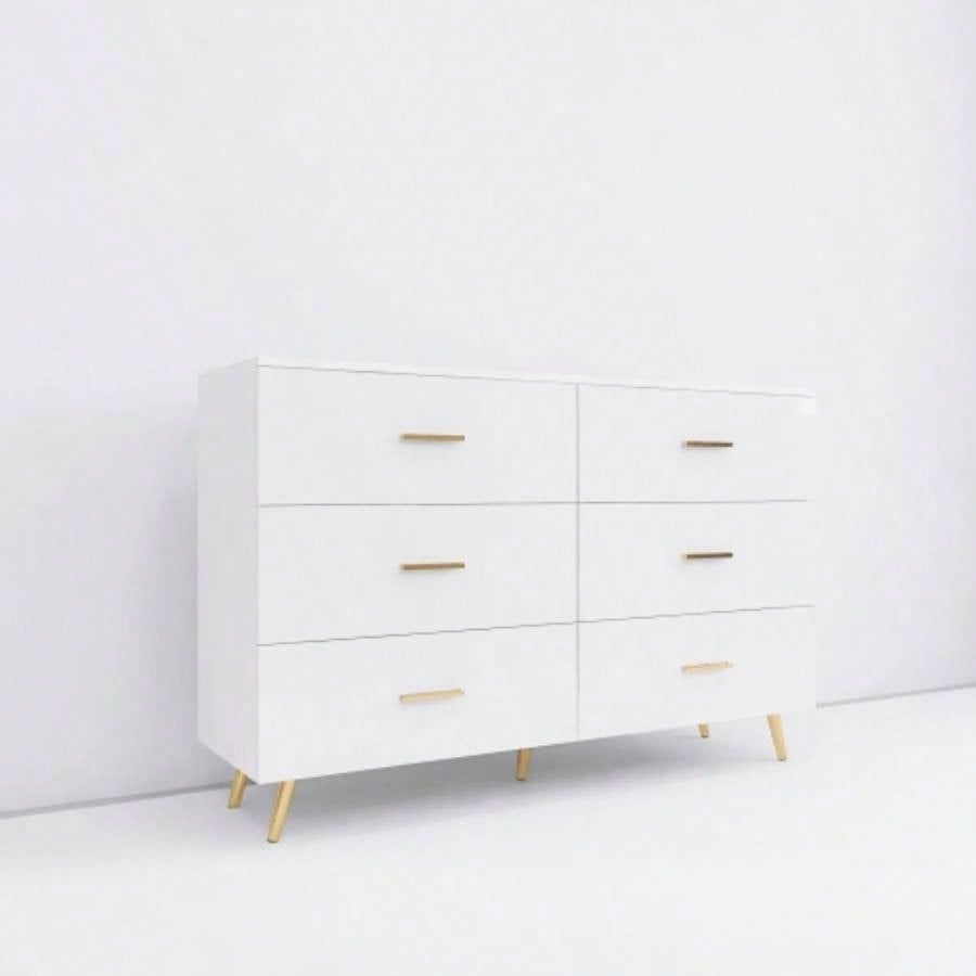 High Glossy Surface 6 Drawers Chest of Drawer with Golden Handle and Golden Steel White Color Vanity