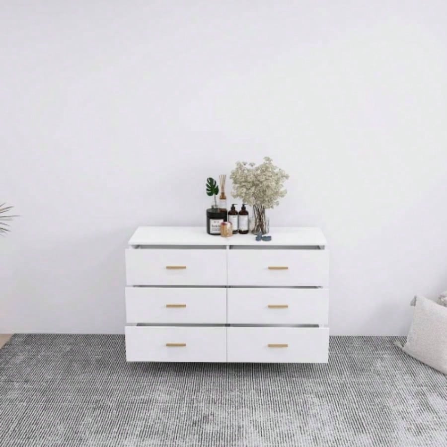 High Glossy Surface 6 Drawers Chest of Drawer with Golden Handle and Golden Steel White Color Vanity