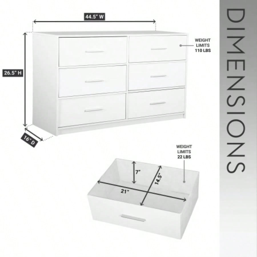 6 - Drawer Dresser with Large Fabric Drawers, White