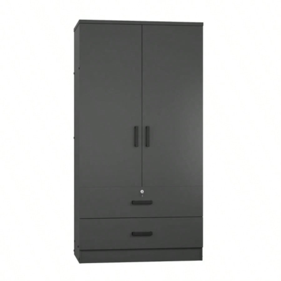 Wood Black Wardrobe Closet with 2 Doors and 2 Drawers, Bedroom Freestanding Armoire Storage Cabinet with Shelves, Wooden Wardrobe Combination Hanging Clothes