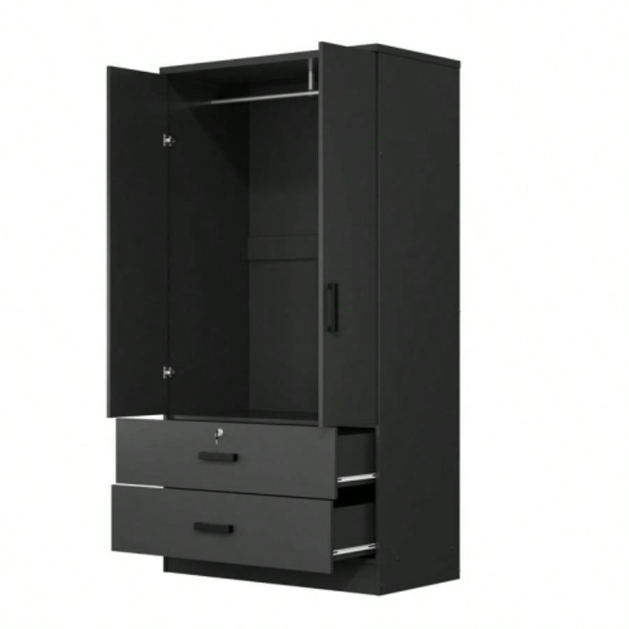 Wood Black Wardrobe Closet with 2 Doors and 2 Drawers, Bedroom Freestanding Armoire Storage Cabinet with Shelves, Wooden Wardrobe Combination Hanging Clothes