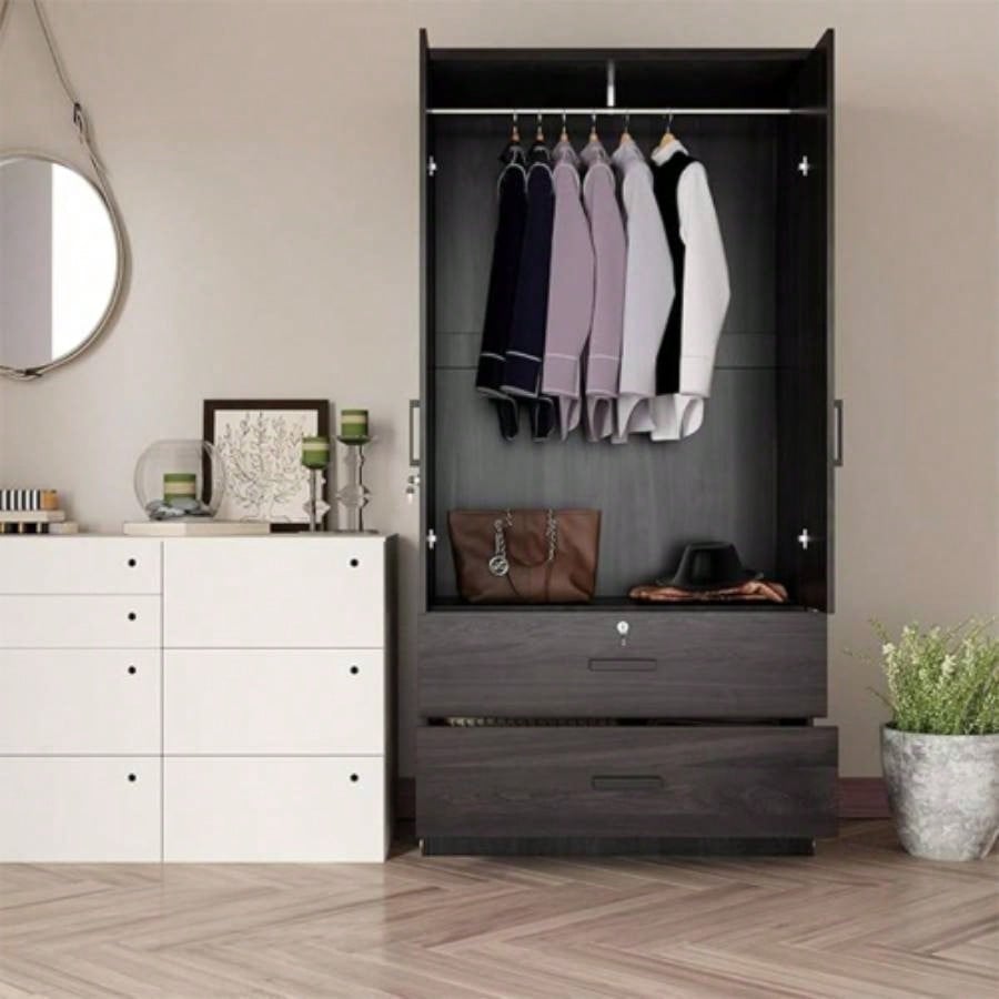 Wood Black Wardrobe Closet with 2 Doors and 2 Drawers, Bedroom Freestanding Armoire Storage Cabinet with Shelves, Wooden Wardrobe Combination Hanging Clothes