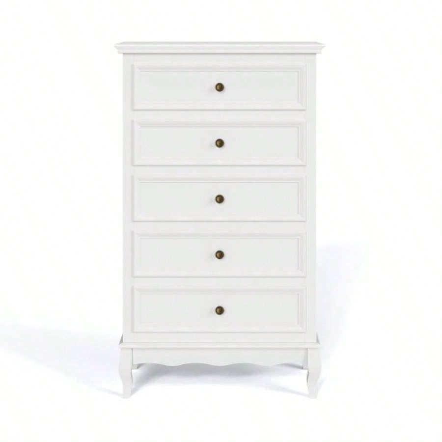 5 Drawer Dresser Bedroom, Modern Storage Closet Cabinet Organizerwith Solid Wood and Painted - White
