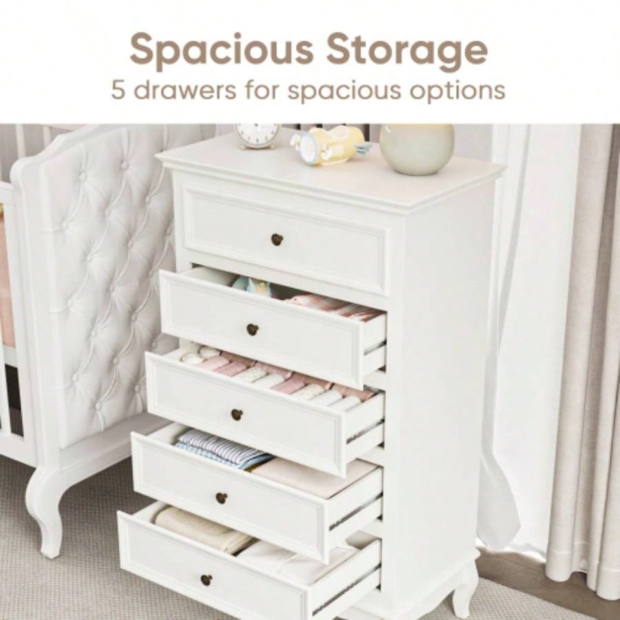 5 Drawer Dresser Bedroom, Modern Storage Closet Cabinet Organizerwith Solid Wood and Painted - White